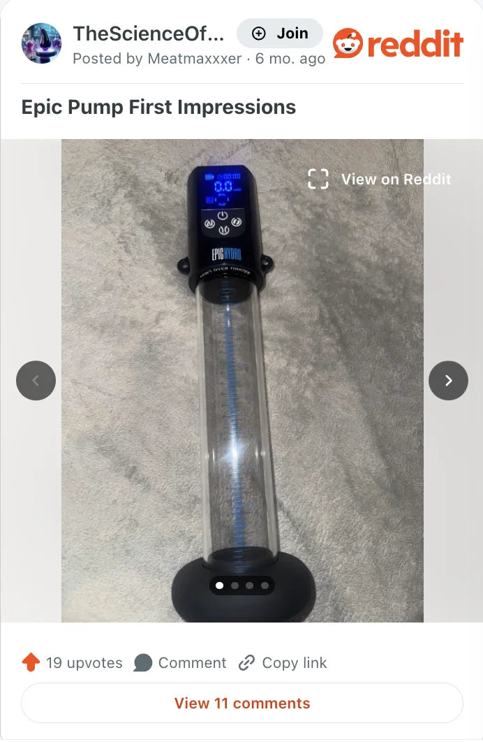 Reddit post in r/TheScienceOfPE: Epic Pump first impressions